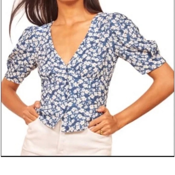 Reformation Raquel Blouse - Blue Floral - Size 6 - Picture 3 of 9